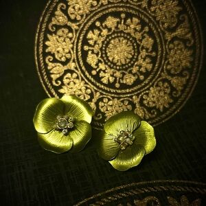 Green and gold jewel-encrusted floral earrings from vintage market in Seoul